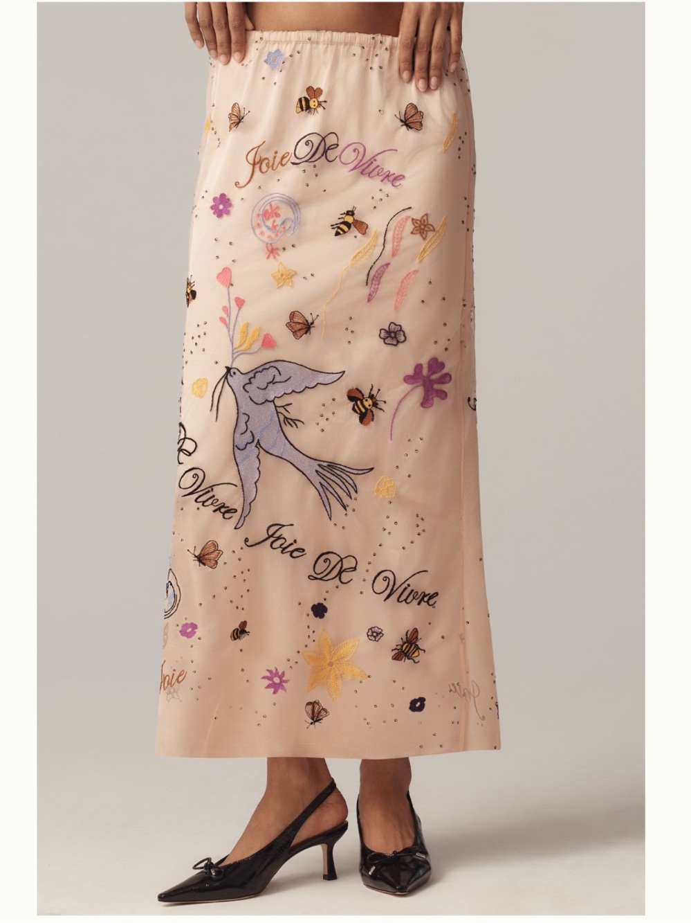 NWT Anthro Icon Embroidered Joie De Vivre Butterfly Bee Whimsical Maxi Skirt XS